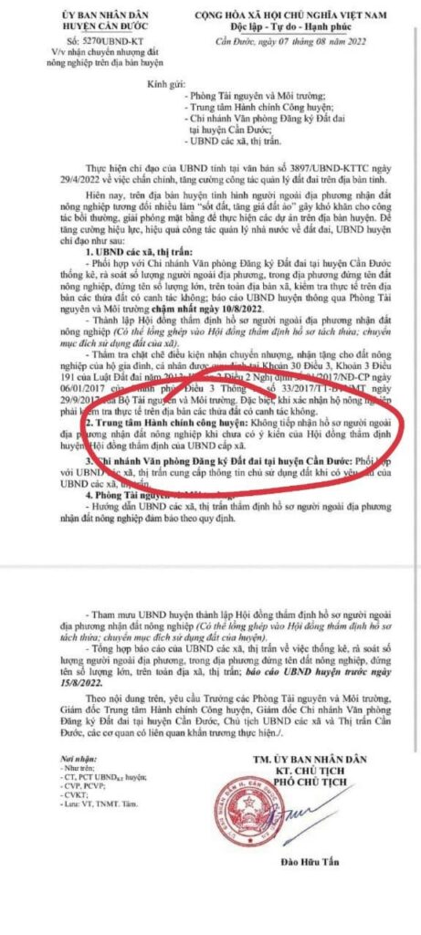 Nhìn từ văn bản hạn chế quyền nhận đất nông nghiệp của UBND huyện Cần Đước