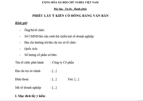 phiếu lấy ý kiến cổ đông bằng văn bản