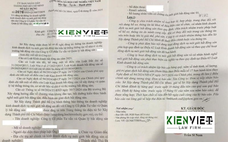Thông báo doanh nghiệp môi giới bất động sản